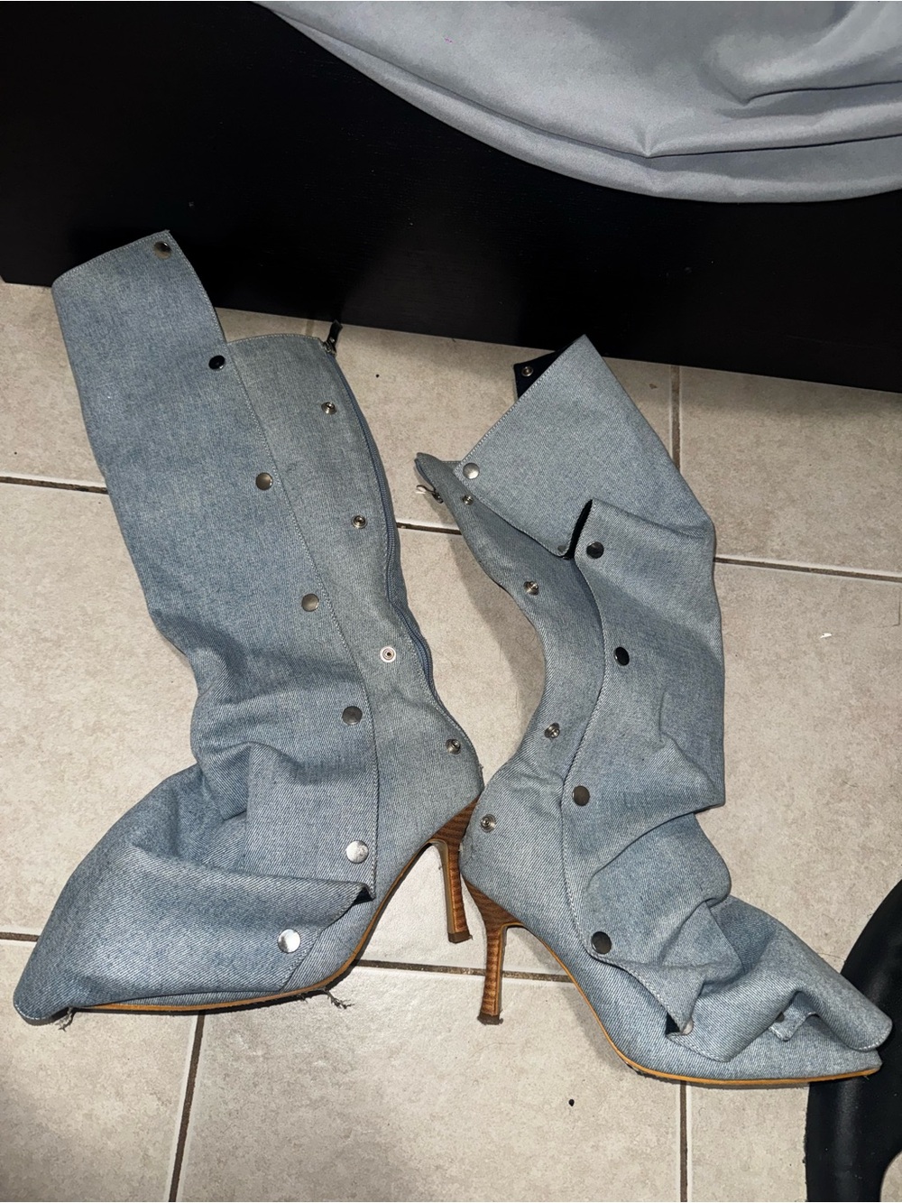 Light Blue Denim Stiletto Knee-High Boots